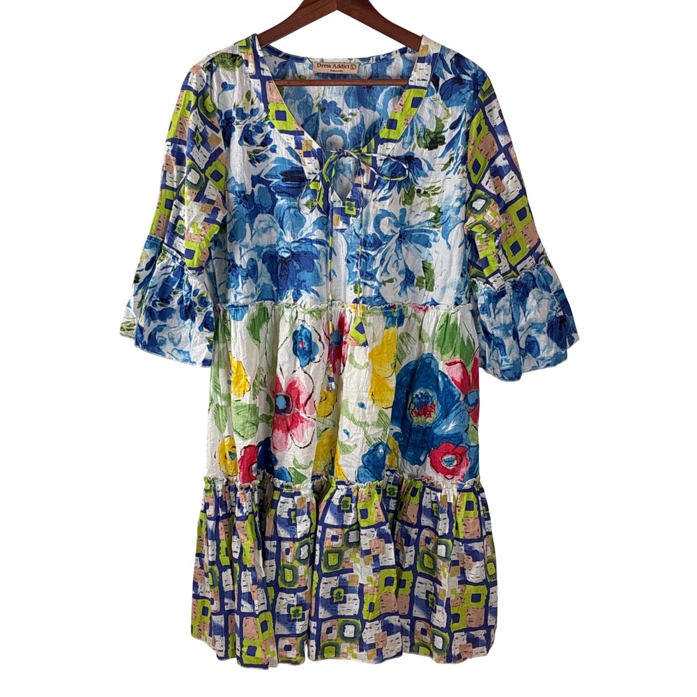 Dress Addict Tiered Midi Dress Boho Casual Floral Cotton Vacation Resort Large